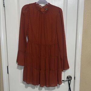 Rust Ruffle Neck Tiered  Dress